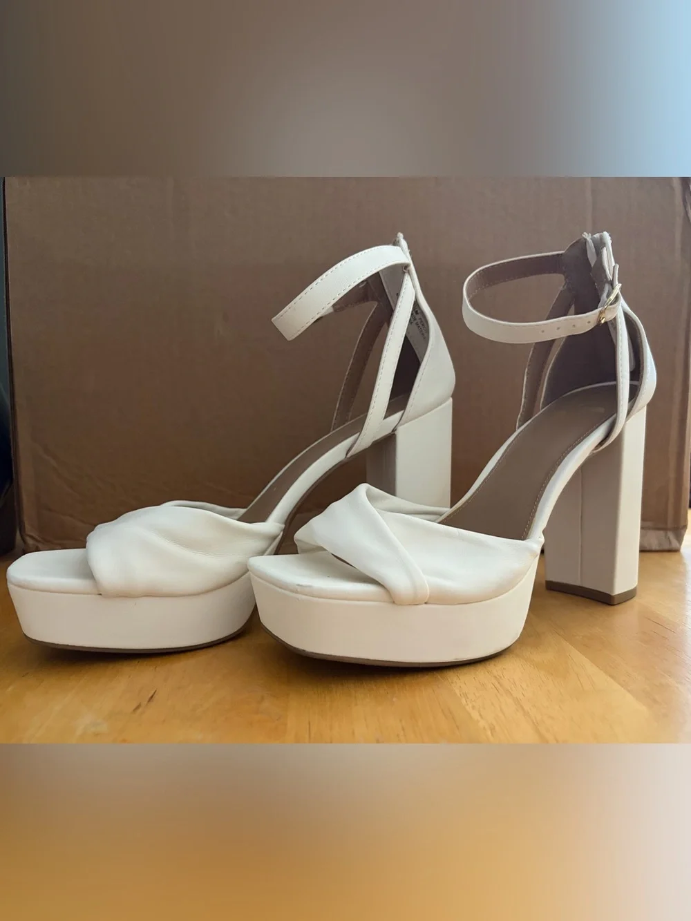 Report White Twisted Front Platform Ankle-Strap Block Heels